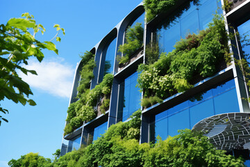 Eco-friendly building in the modern city. Sustainable glass office building with tree for reducing carbon dioxide. Office building with green environment. Corporate building reduce CO2. Generative AI
