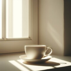 a cup of coffee sits on a table next to a window. Generative Ai