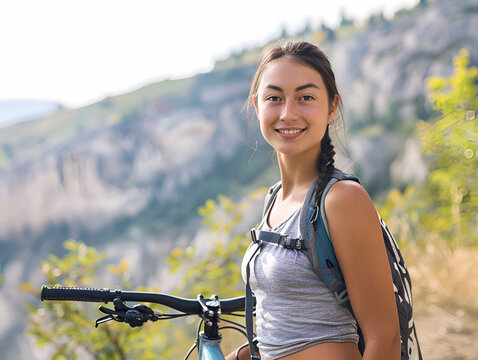 Smiling woman standing next to a mountain bike 