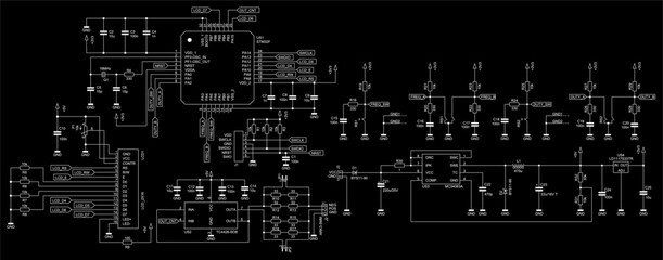 Schematic diagram of electronic device on sheet of paper.
Vector drawing electrical circuit with capacitor,
resistor, lcd display, integrated circuit, 
coil, diode, microcontroller, other components.