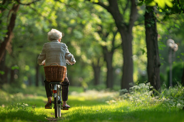Naklejka premium elderly woman on the bicycle in summer park