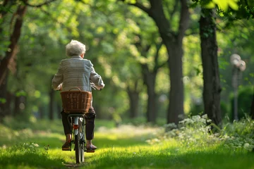Poster elderly woman on the bicycle in summer park © Di Studio