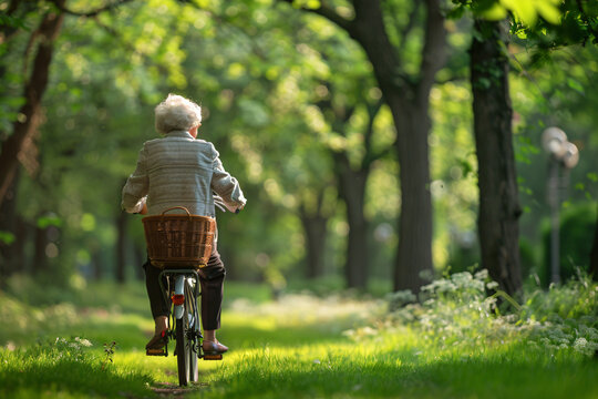 elderly woman on the bicycle in summer park