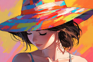Illustration of a beautiful girl in a hat on a colorful background in anime style.