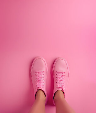female legs in the pink sneakers over pink background with copy space