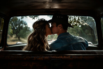 Cowboy and girlfriend kissing in through the back window of a pickup truck
