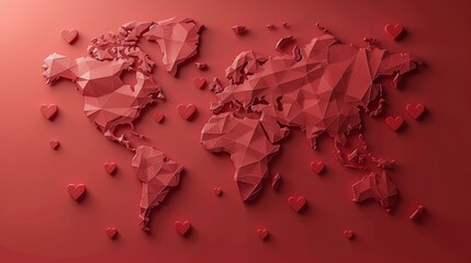 Hearts float around the world on this map of the planet. Low poly modern illustration. World map.