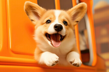 A spirited Corgi puppy, with its ears flapping in the wind, driving a vibrant orange bus on a sunny orange background. - obrazy, fototapety, plakaty