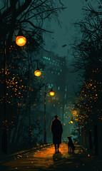 Strolling through the city's evening glow with a loyal pet. The charm of urban life and friendship. Visual for contemporary wall art, metropolitan living postcard, and twilight scene wallpaper.