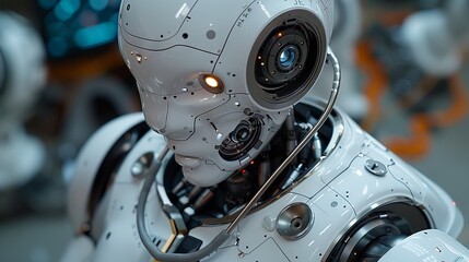 Image of close-up robot doctor holding stethoscope. Modern medical technology concept with artificial intelligence. - obrazy, fototapety, plakaty