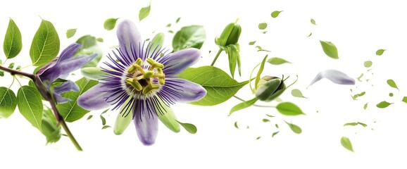 Passiflora Flower Isolated on White with Leaves and Seeds - obrazy, fototapety, plakaty