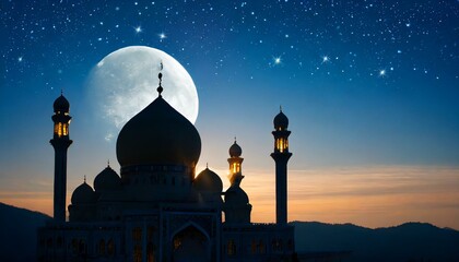 A mosque silhouette against a moonlit sky, with a message of peace and blessings.