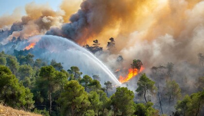 A forest fire is being extinguished by spraying water from a hose