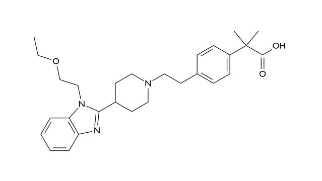 bilastine molecule, structural chemical formula, ball-and-stick model, isolated image antihistamine medication