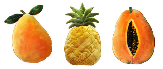 Funky food shaped plush pillows set on transparent background. Tropical fruits pillows
