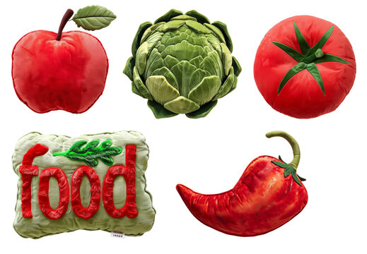 Funky food shaped plush pillows set on transparent background