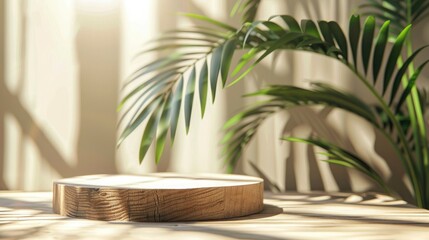 Empty minimal natural wood podium with green palm leaf with sunlight background
