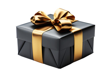 Angle black box with gold satin bow ribbon isolated on cut out PNG or transparent background. Festival very special time. Festive holiday Christmas, happy new years, birthday.