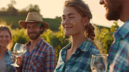 A woman in a plaid shirt holds a glass of white wine, smiling with friends in a vineyard at sunset.