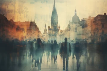 Deurstickers Double exposure photo, People walking in the street in Prague Czech Republic Double exposure An anonymous crowd of people walking on a city street, AI generated © Tanu