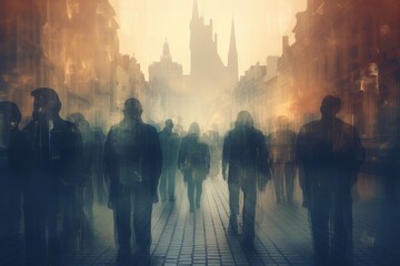 Double exposure photo, People walking in the street in Prague Czech Republic Double exposure An anonymous crowd of people walking on a city street, AI generated