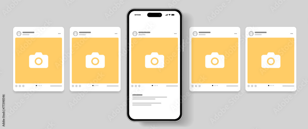 Poster social media carousel post template mockup. mobile app interface with blank pictures, editable posts