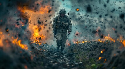 A soldier walks across the battlefield during a combat mission - obrazy, fototapety, plakaty