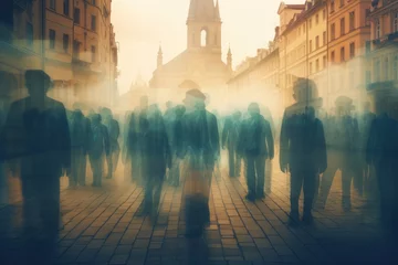 Tuinposter Double exposure photo, People walking in the street in Prague Czech Republic Double exposure An anonymous crowd of people walking on a city street, AI generated © Tanu