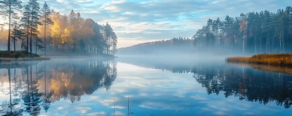 Panoramic view of forest lake in morning fog, soft fog like thin bluish smoke adds beauty.