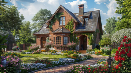 A traditional brick house stands proudly amidst colorful blooms in its well-tended flower garden, offering a glimpse of suburban bliss. AI generative. - obrazy, fototapety, plakaty