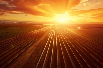 Foto op Canvas A sunset casts warm hues over a field with train tracks cutting through the landscape © Ilia Nesolenyi