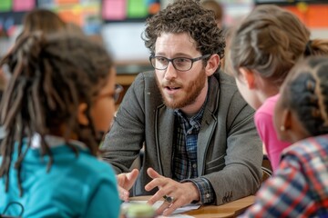 A man sitting at a table engaging a group of children in a lively classroom discussion, exchanging ideas