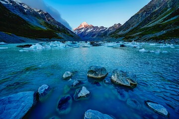 Breathtaking alpine landscape with majestic snow-capped mountain range and glacial blue waters