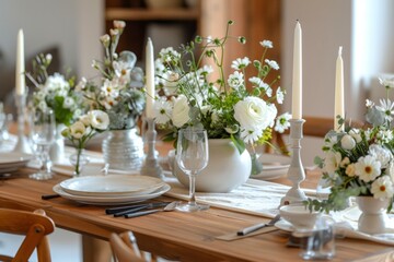 A wooden dining table decorated with an array of white flowers, creating a simple yet elegant centerpiece