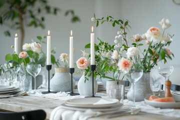 A Scandinavian-style dining table set with minimalist tableware, fresh flowers, and candlesticks