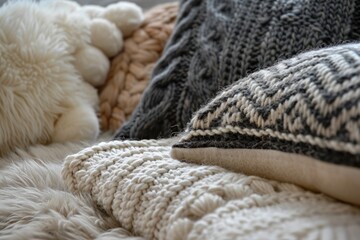 A detailed view of various pillows neatly stacked on a bed, showcasing different textures and colors for added warmth and comfort