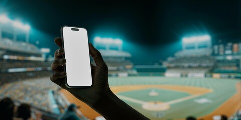 A hand holds a smartphone with a blank screen at a baseball stadium - obrazy, fototapety, plakaty