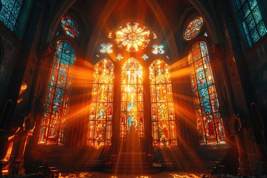 Sun rays pierce through stained glass windows in a Church