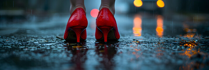 Red shoes on the street ,
 a woman jumping on a puddle by the sea, red wellies - obrazy, fototapety, plakaty