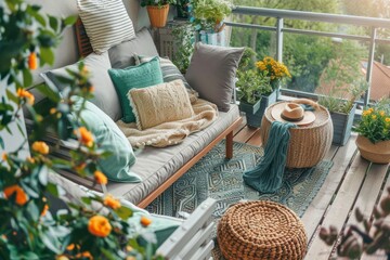 A high-angle shot of a Scandinavian-inspired outdoor balcony with minimal furnishings, including a couch, table, and potted plants