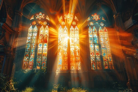Sun rays pierce through stained glass windows and cast a pattern