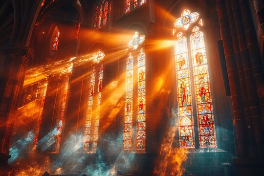 Sun rays pierce through stained glass windows and cast a pattern