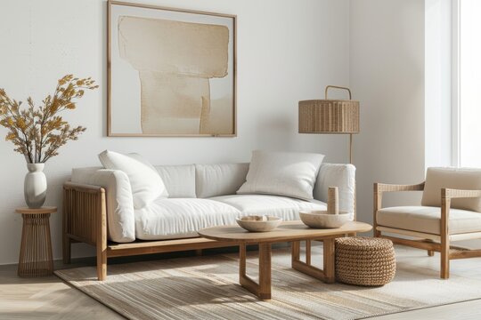 A minimalist living room with furniture and a painting on the wall, featuring clean lines, neutral colors, and natural materials