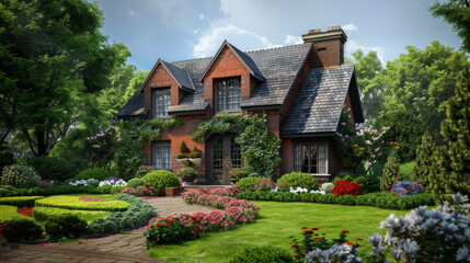 Fototapeta na wymiar A charming brick house is complemented by a meticulously maintained flower garden, creating an idyllic suburban retreat. Brick house, well-maintained, flower garden, home, exterior. AI generative