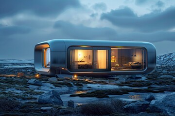 a futuristic house in the middle of a rocky area - Powered by Adobe