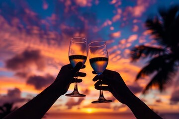 Two individuals hold wine glasses up against a vibrant sunset sky, creating a striking silhouette effect