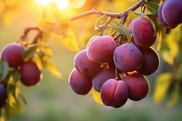Plums on a branch in the garden at sunset A branch with  plums against a blurred background, Ai generated