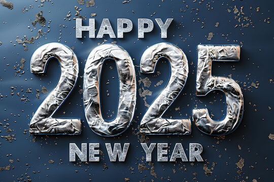 A blue background with silver letters that say Happy New Year 2025. The letters are made of ice and snow, giving the image a wintery and festive feel. Generative AI