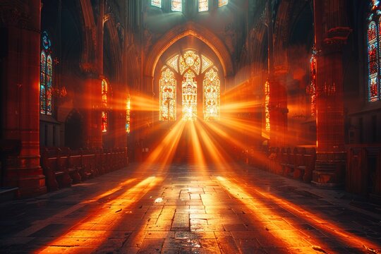 Sun rays pierce through stained glass windows in a Church