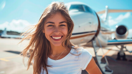 Pretty woman in white t-shirt, smiling, in front of private jet